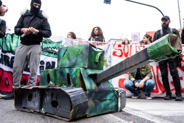 October 16, 2026, Turin, Piedmont, Italy: After days of occupations at many high schools across the city, following the French model, on Friday, October 16, in Turin, thousands of students took to the streets to protest the lack of resources in the school system and the inadequate condition of school buildings. The protesters marched through the city, stopping in front of Porta Susa, where teachers formed a human chain to separate them from the police. Lastly, in Piazza Castello, the police used water cannons and tear gas to disperse the demonstration, which had arrived outside the police headquarters. Turin Italy  - ZUMAs377 20261016_znp_s377_062 Copyright: xPietroxStariccox