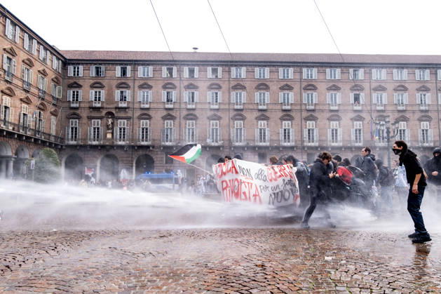 October 16, 2026, Turin, Piedmont, Italy: After days of occupations at many high schools across the city, following the French model, on Friday, October 16, in Turin, thousands of students took to the streets to protest the lack of resources in the school system and the inadequate condition of school buildings. The protesters marched through the city, stopping in front of Porta Susa, where teachers formed a human chain to separate them from the police. Lastly, in Piazza Castello, the police used water cannons and tear gas to disperse the demonstration, which had arrived outside the police headquarters. Turin Italy - ZUMAs377 20261016_znp_s377_035 Copyright: xPietroxStariccox