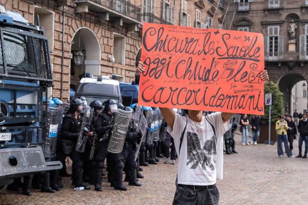 October 16, 2026, Turin, Piedmont, Italy: After days of occupations at many high schools across the city, following the French model, on Friday, October 16, in Turin, thousands of students took to the streets to protest the lack of resources in the school system and the inadequate condition of school buildings. The protesters marched through the city, stopping in front of Porta Susa, where teachers formed a human chain to separate them from the police. Lastly, in Piazza Castello, the police used water cannons and tear gas to disperse the demonstration, which had arrived outside the police headquarters. Turin Italy - ZUMAs377 20261016_znp_s377_034 Copyright: xPietroxStariccox