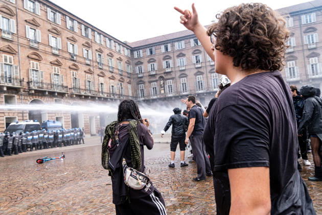 October 16, 2026, Turin, Piedmont, Italy: After days of occupations at many high schools across the city, following the French model, on Friday, October 16, in Turin, thousands of students took to the streets to protest the lack of resources in the school system and the inadequate condition of school buildings. The protesters marched through the city, stopping in front of Porta Susa, where teachers formed a human chain to separate them from the police. Lastly, in Piazza Castello, the police used water cannons and tear gas to disperse the demonstration, which had arrived outside the police headquarters. Turin Italy - ZUMAs377 20261016_znp_s377_037 Copyright: xPietroxStariccox