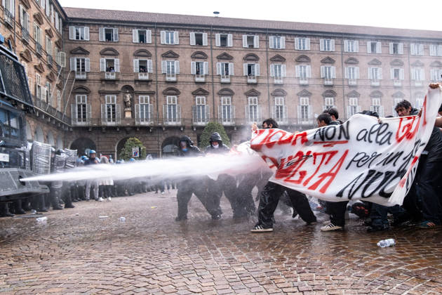 October 16, 2026, Turin, Piedmont, Italy: After days of occupations at many high schools across the city, following the French model, on Friday, October 16, in Turin, thousands of students took to the streets to protest the lack of resources in the school system and the inadequate condition of school buildings. The protesters marched through the city, stopping in front of Porta Susa, where teachers formed a human chain to separate them from the police. Lastly, in Piazza Castello, the police used water cannons and tear gas to disperse the demonstration, which had arrived outside the police headquarters. Turin Italy - ZUMAs377 20261016_znp_s377_043 Copyright: xPietroxStariccox
