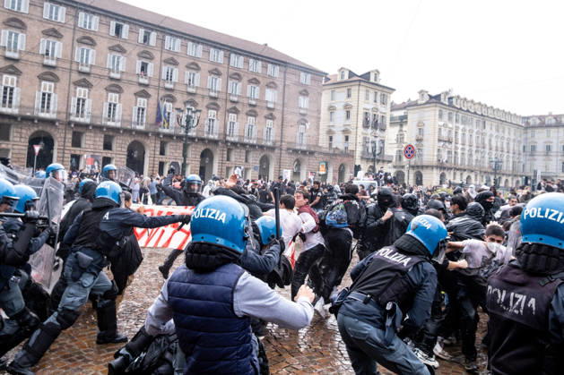 October 16, 2026, Turin, Piedmont, Italy: After days of occupations at many high schools across the city, following the French model, on Friday, October 16, in Turin, thousands of students took to the streets to protest the lack of resources in the school system and the inadequate condition of school buildings. The protesters marched through the city, stopping in front of Porta Susa, where teachers formed a human chain to separate them from the police. Lastly, in Piazza Castello, the police used water cannons and tear gas to disperse the demonstration, which had arrived outside the police headquarters. Turin Italy - ZUMAs377 20261016_znp_s377_045 Copyright: xPietroxStariccox