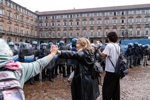 October 16, 2026, Turin, Piedmont, Italy: After days of occupations at many high schools across the city, following the French model, on Friday, October 16, in Turin, thousands of students took to the streets to protest the lack of resources in the school system and the inadequate condition of school buildings. The protesters marched through the city, stopping in front of Porta Susa, where teachers formed a human chain to separate them from the police. Lastly, in Piazza Castello, the police used water cannons and tear gas to disperse the demonstration, which had arrived outside the police headquarters. Turin Italy - ZUMAs377 20261016_znp_s377_046 Copyright: xPietroxStariccox