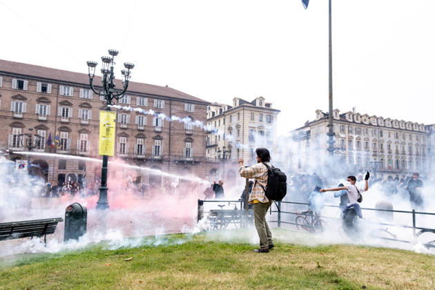 October 16, 2026, Turin, Piedmont, Italy: After days of occupations at many high schools across the city, following the French model, on Friday, October 16, in Turin, thousands of students took to the streets to protest the lack of resources in the school system and the inadequate condition of school buildings. The protesters marched through the city, stopping in front of Porta Susa, where teachers formed a human chain to separate them from the police. Lastly, in Piazza Castello, the police used water cannons and tear gas to disperse the demonstration, which had arrived outside the police headquarters. Turin Italy - ZUMAs377 20261016_znp_s377_047 Copyright: xPietroxStariccox