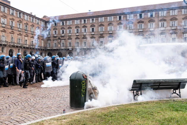 October 16, 2026, Turin, Piedmont, Italy: After days of occupations at many high schools across the city, following the French model, on Friday, October 16, in Turin, thousands of students took to the streets to protest the lack of resources in the school system and the inadequate condition of school buildings. The protesters marched through the city, stopping in front of Porta Susa, where teachers formed a human chain to separate them from the police. Lastly, in Piazza Castello, the police used water cannons and tear gas to disperse the demonstration, which had arrived outside the police headquarters. Turin Italy - ZUMAs377 20261016_znp_s377_048 Copyright: xPietroxStariccox