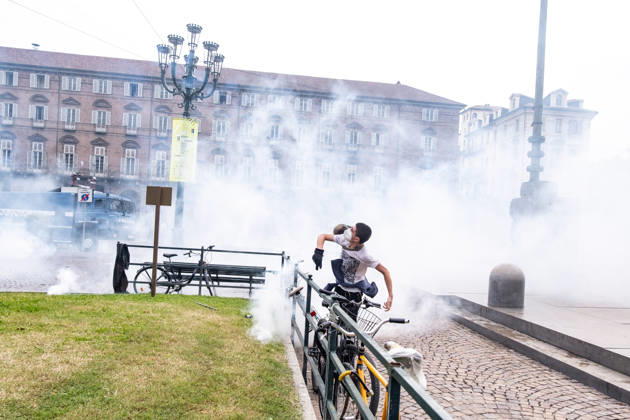 October 16, 2026, Turin, Piedmont, Italy: After days of occupations at many high schools across the city, following the French model, on Friday, October 16, in Turin, thousands of students took to the streets to protest the lack of resources in the school system and the inadequate condition of school buildings. The protesters marched through the city, stopping in front of Porta Susa, where teachers formed a human chain to separate them from the police. Lastly, in Piazza Castello, the police used water cannons and tear gas to disperse the demonstration, which had arrived outside the police headquarters. Turin Italy - ZUMAs377 20261016_znp_s377_050 Copyright: xPietroxStariccox