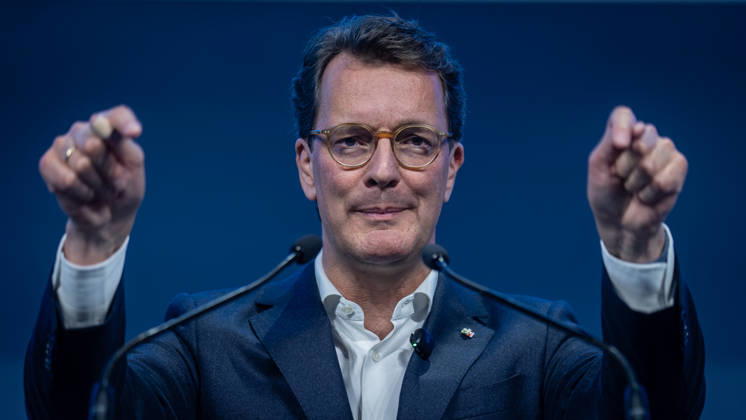 Hendrik Wüst, Minister President of North Rhine-Westphalia, delivers a speech on Stage 78 at Germany Day 2026 in Bonn; Junge Union (JU), the youth organization of the CDU and CSU, Bonn, North Rhine-Westphalia, Germany; World Conference Center Bonn