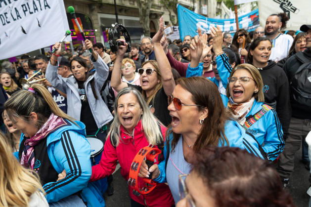 October 16, 2026, Buenos Aires, Buenos Aires, Argentina: Teachers sing during the march towards Argentina™s National Congress to demand compliance with the University Budget Law. Buenos Aires Argentina - ZUMAp265 20261016_zip_p265_036 Copyright: xDelfinaxCorberaxPix