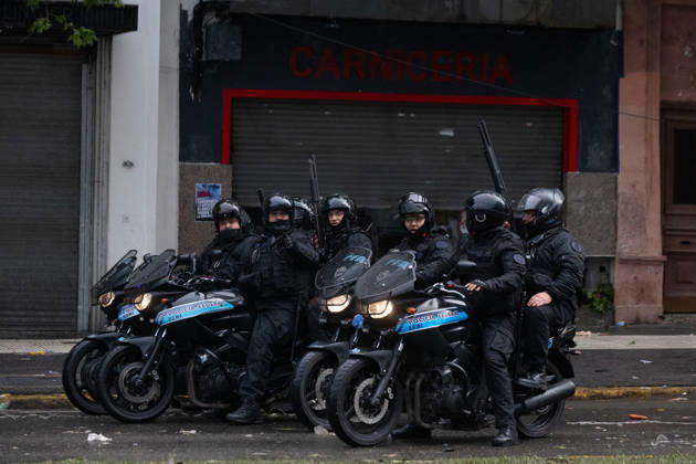 October 16, 2026, Buenos Aires, Buenos Aires, Argentina: Police officers on motorcycles during clashes with protesters at the fifth national university march in Argentina. Buenos Aires Argentina - ZUMAp265 20261016_zip_p265_055 Copyright: xDelfinaxCorberaxPix