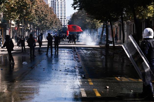 October 16, 2026, Tirana, Albania: TIRANA, ALBANIA, OCTOBER 16, 2026: Student-led anti-government demonstrations continue for a fourth consecutive day in Tirana, demanding improved education conditions and the resignation of Prime Minister Edi Rama. Protesters clash with riot police as officers deploy tear gas to disperse crowds. The demonstrations follow several days of unrest that have damaged public buildings and businesses. Tirana Albania - ZUMAq101 20261016_zna_q101_471 Copyright: xVlasovxSulajx