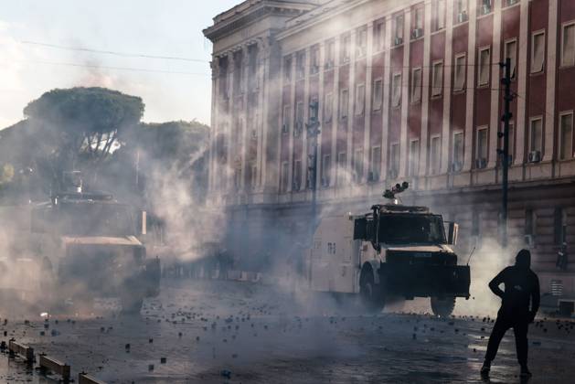 October 16, 2026, Tirana, Albania: TIRANA, ALBANIA, OCTOBER 16, 2026: Student-led anti-government demonstrations continue for a fourth consecutive day in Tirana, demanding improved education conditions and the resignation of Prime Minister Edi Rama. Protesters clash with riot police as officers deploy tear gas to disperse crowds. The demonstrations follow several days of unrest that have damaged public buildings and businesses. Tirana Albania - ZUMAq101 20261016_zna_q101_473 Copyright: xVlasovxSulajx