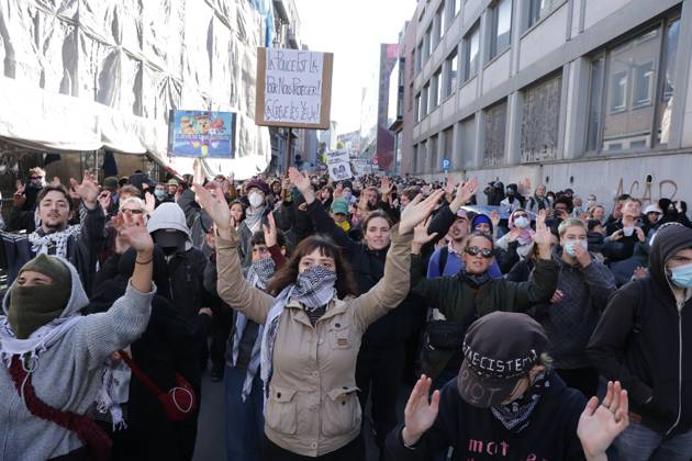 This image shows youths gather for a protest action at the Central Station in Brussels on Saturday 17 October 2026.  NICOLASxMAETERLINCK 190063163