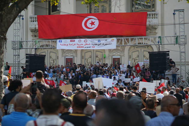 October 17, 2026, Tunis, Tunis, Tunisia, Tunisia: Demonstrators take to the streets of Tunis during a march calling for social and economic reforms and the protection of civil liberties, amid public concerns over rising living costs, workersâ€⠢ rights and freedom of expression on October 17, 2026. Organized by trade unions, journalistsâ€⠢ representatives, lawyers and civil society groups, the demonstration brings together protesters demanding accountability and defending fundamental rights. The march highlights ongoing concerns over Tunisiaâ€⠢s economic situation and the space for public dissent. Tunis Tunisia - ZUMAm342 20261017_zsp_m342_047 Copyright: xHasanxMradx