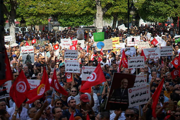October 17, 2026, Tunis, Tunis, Tunisia, Tunisia: Demonstrators take to the streets of Tunis during a march calling for social and economic reforms and the protection of civil liberties, amid public concerns over rising living costs, workersâ€⠢ rights and freedom of expression on October 17, 2026. Organized by trade unions, journalistsâ€⠢ representatives, lawyers and civil society groups, the demonstration brings together protesters demanding accountability and defending fundamental rights. The march highlights ongoing concerns over Tunisiaâ€⠢s economic situation and the space for public dissent. Tunis Tunisia - ZUMAm342 20261017_zsp_m342_039 Copyright: xHasanxMradx