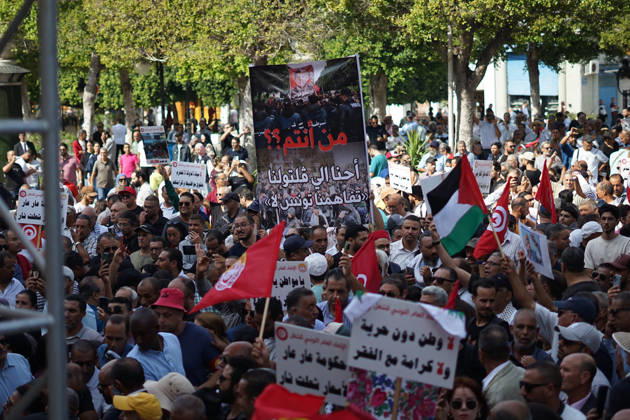 October 17, 2026, Tunis, Tunis, Tunisia, Tunisia: Demonstrators take to the streets of Tunis during a march calling for social and economic reforms and the protection of civil liberties, amid public concerns over rising living costs, workersâ€⠢ rights and freedom of expression on October 17, 2026. Organized by trade unions, journalistsâ€⠢ representatives, lawyers and civil society groups, the demonstration brings together protesters demanding accountability and defending fundamental rights. The march highlights ongoing concerns over Tunisiaâ€⠢s economic situation and the space for public dissent. Tunis Tunisia - ZUMAm342 20261017_zsp_m342_035 Copyright: xHasanxMradx