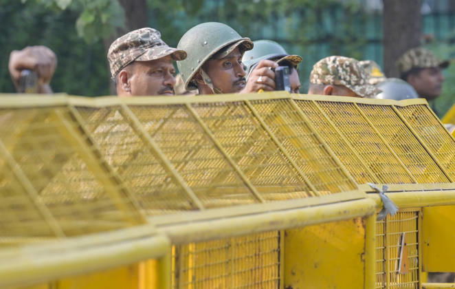 NEW DELHI, INDIA - OCTOBER 17: Delhi Police and paramilitary personnel on alert mode in the wake of ongoing protest at Raisina Road on on October 17, 2026 in New Delhi, India. (Photo by Raj K Raj Hindustan Times ) CJP Supporters Protest Demanding CEC Gyanesh Kumar s Resignation Over Voter List Changes