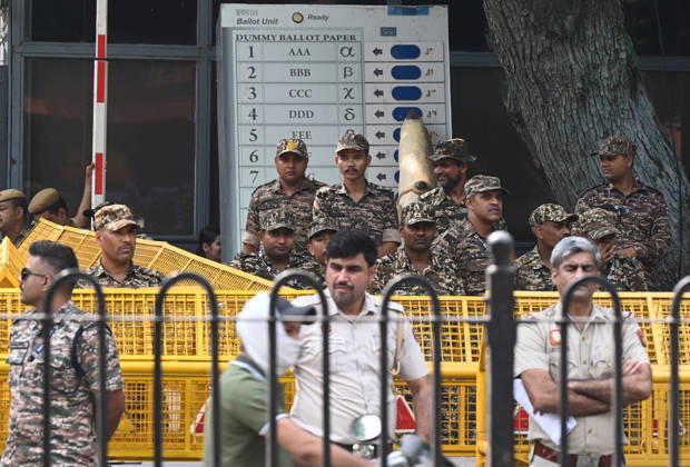 NEW DELHI, INDIA - OCTOBER 17: Paramilitary Forces and Delhi Police deployed outside the election commission of India HQ, on October 17, 2026 in New Delhi, India. (Photo by Sonu Mehta Hindustan Times ) CJP Supporters Protest Demanding CEC Gyanesh Kumar s Resignation Over Voter List Changes