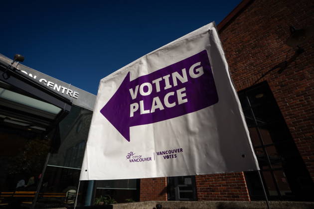 October 17, 2026, Port Moody, Bc, CANADA: A sign directing people to a polling station is pictured in Vancouver, on Saturday Oct. 17, 2026. British Columbians are heading to the polls to cast their votes in municipal elections being held across the province. Port Moody CANADA  - ZUMAc35_ 20261017_zaf_c35_022 Copyright: xEthanxCairnsx