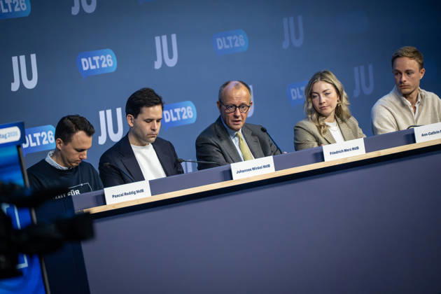 Pascal Reddig, Deputy Federal Chair of the JU; Johannes Winkel, Federal Chair of the JU; Friedrich Merz, Federal Chancellor; Ann Cathrin Simon, Deputy Federal Chair of the JU; Julien Jopp, Deputy Federal Chair of the JU, from left to right on stage following the Federal Chancellor’s speech at the 78th Germany Day 2026 in Bonn. Junge