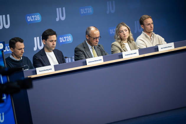 Pascal Reddig, Deputy Federal Chair of the JU; Johannes Winkel, Federal Chair of the JU; Friedrich Merz, Federal Chancellor; Ann Cathrin Simon, Deputy Federal Chair of the JU; Julien Jopp, Deputy Federal Chair of the JU, from left to right on stage following the Federal Chancellor’s speech at the 78th Germany Day 2026 in Bonn. Junge
