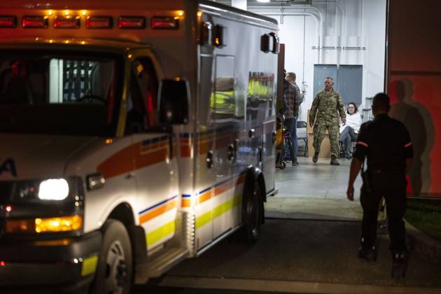 October 17, 2026, Wainwright, Alberta, Canada: Emergency crews and military personnel at the Wainwright Health Centre as injured military members are treated after a fire at CFB Wainwright, outside of Wainwright, Alta., on Saturday, Oct. 17, 2026. Wainwright Canada  - ZUMAc35_ 20261017_zaf_c35_152 Copyright: xJohnxUlanx