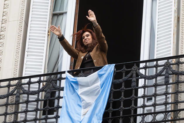 October 18, 2026, Buenos Aires, Buenos Aires, Argentina: Former President Cristina FernoÂ¡ndez de Kirchner greets her supporters from the balcony of her home, where she is serving house arrest. Buenos Aires Argentina  - ZUMAp265 20261018_zip_p265_008 Copyright: xDelfinaxCorberaxPix