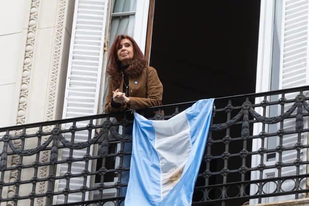October 18, 2026, Buenos Aires, Buenos Aires, Argentina: Former President Cristina FernoÂ¡ndez de Kirchner greets her supporters from the balcony of her home, where she is serving house arrest. Buenos Aires Argentina  - ZUMAp265 20261018_zip_p265_009 Copyright: xDelfinaxCorberaxPix