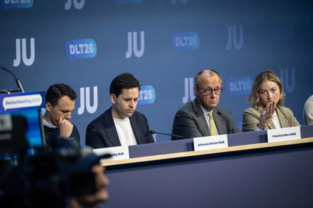 Pascal Reddig, Deputy Federal Chair of the JU, Johannes Winkel, Federal Chair of the JU; Friedrich Merz, Federal Chancellor; Ann Cathrin Simon, Deputy Federal Chair of the JU—from left to right on stage following the Federal Chancellor’s speech at the 78th Germany Day 2026 in Bonn. The Junge Union (JU) is the youth organization of the CDU and CSU, Bonn, North Rhine-Westphalia