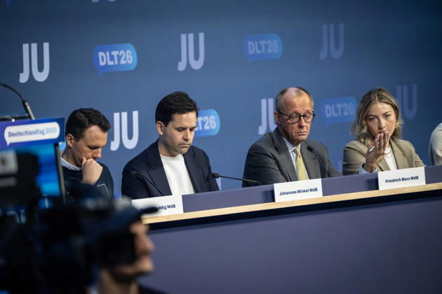 Pascal Reddig, Deputy Federal Chair of the JU, Johannes Winkel, Federal Chair of the JU; Friedrich Merz, Federal Chancellor; Ann Cathrin Simon, Deputy Federal Chair of the JU—from left to right on stage following the Federal Chancellor’s speech at the 78th Germany Day 2026 in Bonn. The Junge Union (JU) is the youth organization of the CDU and CSU, Bonn, North Rhine-Westphalia