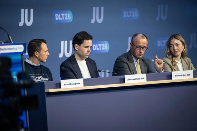 Pascal Reddig, Deputy Federal Chair of the JU, Johannes Winkel, Federal Chair of the JU; Friedrich Merz, Federal Chancellor; Ann Cathrin Simon, Deputy Federal Chair of the JU—from left to right on stage following the Federal Chancellor’s speech at the 78th Germany Day 2026 in Bonn. The Junge Union (JU) is the youth organization of the CDU and CSU, Bonn, North Rhine-Westphalia