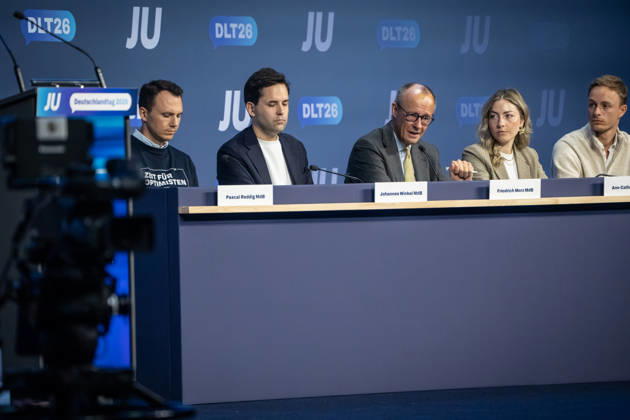 Pascal Reddig, Deputy Federal Chair of the JU; Johannes Winkel, Federal Chair of the JU; Friedrich Merz, Federal Chancellor; Ann Cathrin Simon, Deputy Federal Chair of the JU; Julien Jopp, Deputy Federal Chair of the JU, from left to right on stage following the Federal Chancellor’s speech at the 78th Germany Day 2026 in Bonn. Junge