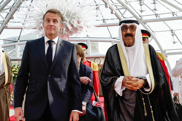 President Macron Visit To Kuwait The Emir of Kuwait Sheikh Mishal Al-Ahmad Al-Jaber Al-Sabah welcomes French President Emmanuel Macron upon Macron s arrival at Kuwait International Airport in Kuwait City, Kuwait, October 19, 2026. Photo by Benoit Tessier Pool ABACAPRESS.COM Kuwait City Kuwait  Copyright: xTessierxBenoit Pool ABACAx