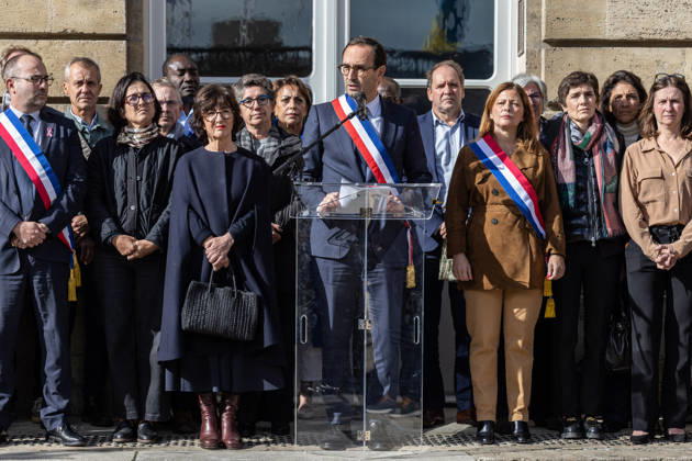 Mayor Thomas Cazenave Delivers A Speech During A Republican Rally - Bordeaux Bordeaux Mayor Thomas Cazenave delivers a speech during a republican rally in the courtyard of Bordeaux City Hall, following the violence and vandalism that occurred in the city on Saturday, October 17. The gathering was organized in response to a call by the Association of French Mayors (AMF) to reaffirm support for republican values and democratic institutions, in Bordeaux, France, on October 19, 2026. Photo by Margot Le Gonidec ABACAPRESS.COM Bordeaux France  Copyright: xLexGonidecxMargot ABACAx