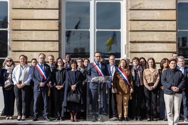 Mayor Thomas Cazenave Delivers A Speech During A Republican Rally - Bordeaux Bordeaux Mayor Thomas Cazenave delivers a speech during a republican rally in the courtyard of Bordeaux City Hall, following the violence and vandalism that occurred in the city on Saturday, October 17. The gathering was organized in response to a call by the Association of French Mayors (AMF) to reaffirm support for republican values and democratic institutions, in Bordeaux, France, on October 19, 2026. Photo by Margot Le Gonidec ABACAPRESS.COM Bordeaux France  Copyright: xLexGonidecxMargot ABACAx