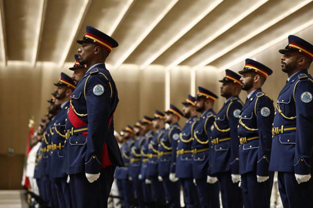 President Macron Visit To Middle East - Abu Dhabi United Arab Emirates Air Force troops during a welcome ceremony for French President Emmanuel Macron at Zayed International Airport in Abu Dhabi, United Arab Emirates, October 19, 2026. Photo by Benoit Tessier Pool ABACAPRESS.COM Abu Dhabi United Arab Emirates Copyright: xTessierxBenoit Pool ABACAx