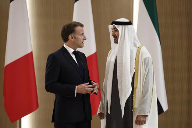 President Macron Visit To Middle East - Abu Dhabi Sheikh Mohamed bin Zayed Al Nahyan, President of the United Arab Emirates (UAE), welcomes French President Emmanuel Macron upon his arrival at Zayed International Airport in Abu Dhabi, United Arab Emirates, October 19, 2026. Photo by Benoit Tessier Pool ABACAPRESS.COM Abu Dhabi United Arab Emirates  Copyright: xTessierxBenoit Pool ABACAx
