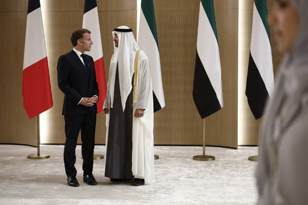 President Macron Visit To Middle East - Abu Dhabi Sheikh Mohamed bin Zayed Al Nahyan, President of the United Arab Emirates (UAE), welcomes French President Emmanuel Macron upon his arrival at Zayed International Airport in Abu Dhabi, United Arab Emirates, October 19, 2026. Photo by Benoit Tessier Pool ABACAPRESS.COM Abu Dhabi United Arab Emirates  Copyright: xTessierxBenoit Pool ABACAx