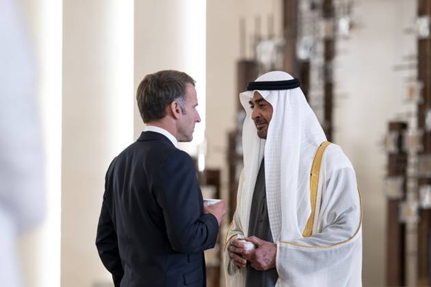 Macron visits UAE on second stop of four-nation Gulf tour ABU DHABI, UAE - OCTOBER 19: (----EDITORIAL USE ONLY - MANDATORY CREDIT - UAE PRESIDENTIAL PALACE HANDOUT - NO MARKETING NO ADVERTISING CAMPAIGNS - DISTRIBUTED AS A SERVICE TO CLIENTS----) UAE President Sheikh Mohamed bin Zayed Al Nahyan (R) welcomes French President Emmanuel Macron (L), who arrived in the United Arab Emirates, marking the second leg of his four-nation Gulf tour, at Qasr Al Watan in the capital Abu Dhabi on October 19, 2026. UAE Presidential Palace Anadolu Abu Dhabi United Arab Emirates. Editorial use only. Please get in touch for any other usage.  Copyright: x2026xAnadoluxUAExPresidentialxPalacex