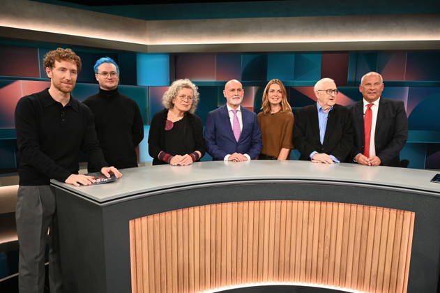 Host Louis Klamroth (left to right), teacher Nicolas Schmelzer (Mr. Schmelzer), retiree Elisabeth van der Wal, union representative Volker Geyer, host Jessy Wellmer, politician Rainer Brüderle, and politician Roman Poseck appeared as guests on the ARD talk show *Hart aber Fair*, which focused on the topic of teachers, police officers, and civil servants—Why do we still need civil servants?