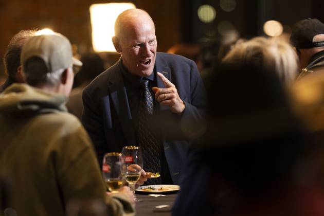 October 19, 2026, Edmonton, Alberta, Canada: Mitch Sylvestre the leader and CEO of the Alberta Prosperity Project laughs with supporters as they await referendum results in Edmonton, Monday, Oct. 19, 2026. Edmonton Canada  - ZUMAc35_ 20261019_zaf_c35_135 Copyright: xJohnxUlanx