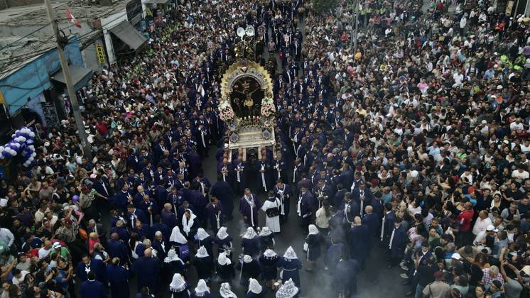 Thousands of devotees join Lord of Miracles procession in Lima LIMA, PERU - OCTOBER 19: An aerial view of the area as thousands of devotees accompany the third procession of the Lord of Miracles through the streets of downtown Lima, Peru, on October 19, 2026. Held every October, the processions draw thousands of faithful and are considered among the largest religious gatherings in Latin America. The procession includes a tribute in front of the Palace of Justice and passes through the streets of Lima’s Historic Center. Klebher Vasquez Anadolu Lima Peru. Editorial use only. Please get in touch for any other usage.  Copyright: x2026xAnadoluxKlebherxVasquezx