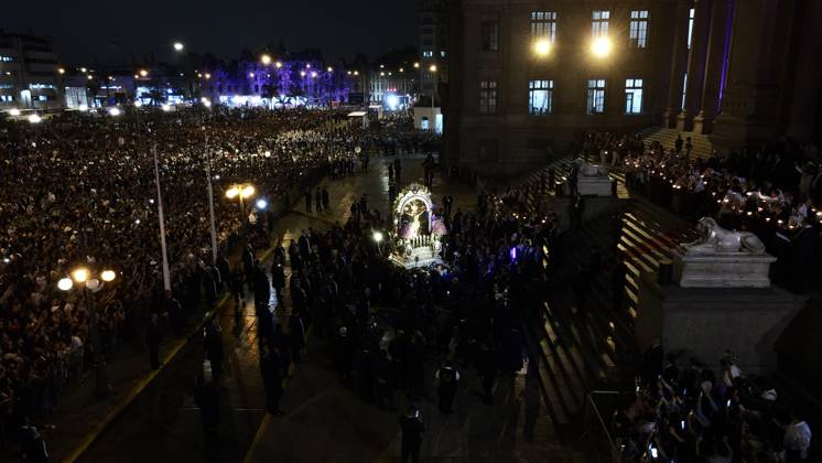 Thousands of devotees join Lord of Miracles procession in Lima LIMA, PERU - OCTOBER 19: An aerial view of the area as thousands of devotees accompany the third procession of the Lord of Miracles through the streets of downtown Lima, Peru, on October 19, 2026. Held every October, the processions draw thousands of faithful and are considered among the largest religious gatherings in Latin America. The procession includes a tribute in front of the Palace of Justice and passes through the streets of Lima’s Historic Center. Klebher Vasquez Anadolu Lima Peru. Editorial use only. Please get in touch for any other usage.  Copyright: x2026xAnadoluxKlebherxVasquezx