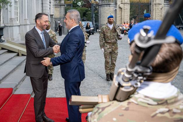 Turkey s Foreign Minister Hakan Fidan (R) and Vice-prime minister and Minister of Foreign Affairs Maxime Prevot (L) pictured ahead of a meeting of several Federal Minister s with a Turkish delegation, Tuesday 20 October 2026, in Brussels.  JONASxROOSENS 190367171