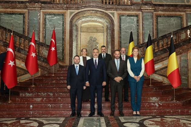 4th Turkiye-Belgium Meeting of Foreign, Justice and Interior Ministers in Brussels BRUSSELS, BELGIUM - OCTOBER 20: (----EDITORIAL USE ONLY - MANDATORY CREDIT - TURKISH INTERIOR MINISTRY HANDOUT - NO MARKETING NO ADVERTISING CAMPAIGNS - DISTRIBUTED AS A SERVICE TO CLIENTS----) Interior Minister Mustafa Ciftci, Turkish Foreign Minister Hakan Fidan, and Justice Minister Akin Gurlek pose for a group photo with Belgian officials during the 4th Meeting of the Foreign, Justice and Interior Ministers of Turkiye and Belgium in Brussels, Belgium, on October 20, 2026. Turkish Interior Ministry Handout Anadolu Brussels Belgium. Editorial use only. Please get in touch for any other usage.  Copyright: x2026xAnadoluxTurkishxInteriorxMinistry Handoutx