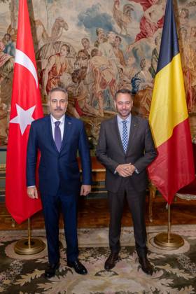Turkey s Foreign Minister Hakan Fidan and Vice-prime minister and Minister of Foreign Affairs Maxime Prevot pose for the photographer at a meeting of several Federal Minister s with a Turkish delegation, Tuesday 20 October 2026, in Brussels.  JONASxROOSENS 190376490