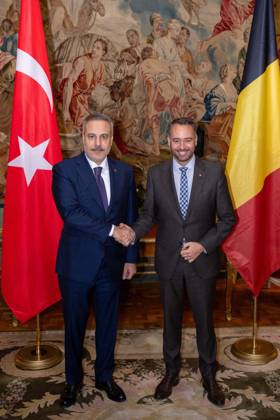 Turkey s Foreign Minister Hakan Fidan and Vice-prime minister and Minister of Foreign Affairs Maxime Prevot pose for the photographer at a meeting of several Federal Minister s with a Turkish delegation, Tuesday 20 October 2026, in Brussels.  JONASxROOSENS 190376494