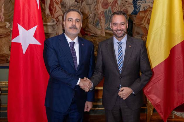 Turkey s Foreign Minister Hakan Fidan and Vice-prime minister and Minister of Foreign Affairs Maxime Prevot pose for the photographer at a meeting of several Federal Minister s with a Turkish delegation, Tuesday 20 October 2026, in Brussels.  JONASxROOSENS 190376498