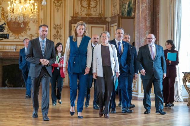 Vice-prime minister and Minister of Foreign Affairs Maxime Prevot; Minister of Justice Annelies Verlinden; Minister of Asylum and Migration, Social Integration and Major Cities Anneleen Van Bossuyt; Turkey s Foreign Minister Hakan Fidan and Minister of Interior Bernard Quintin are pictured at a meeting of several Federal Minister s with a Turkish delegation, Tuesday 20 October 2026, in Brussels.  JONASxROOSENS 190376471