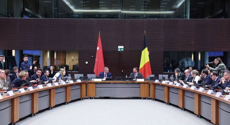 Fourth Turkiye-Belgium Foreign, Justice, and Interior Ministers Meeting in Brussels BRUSSELS, BELGIUM - OCTOBER 20: (----EDITORIAL USE ONLY - MANDATORY CREDIT - TURKISH FOREIGN MINISTRY HANDOUT - NO MARKETING NO ADVERTISING CAMPAIGNS - DISTRIBUTED AS A SERVICE TO CLIENTS----) Turkish Foreign Minister Hakan Fidan (C-L) and Belgian Deputy Prime Minister and Foreign Minister Maxime Prevot (C-R) speak during the 4th Turkiye-Belgium Meeting of Foreign, Justice and Interior Ministers, attended by delegations from both countries, in Brussels, Belgium, on October 20, 2026. Turkish Justice Minister Akin Gurlek and Interior Minister Mustafa Ciftci also attended the meeting. Turkish Foreign Ministry Handout Anadolu Brussels Belgium. Editorial us  Copyright: x2026xAnadoluxTurkishxForeignxMinistry Handoutx