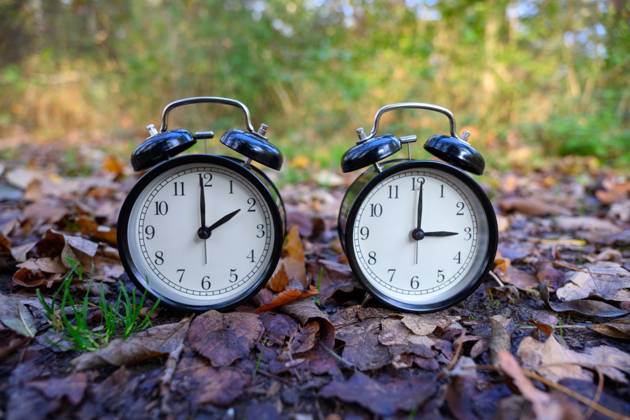 Two alarm clocks among the fall leaves show two and three o clock, Speyer, Germany, October 20, 2026. Two black alarm clocks with bells stand on fall leaves; one shows two o clock, the other three o clock. Symbolic image for the time change.
